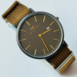 Brigada 41mm Men's Gray Stainless Date Watch Minimalist Brown Band BJD.3025G